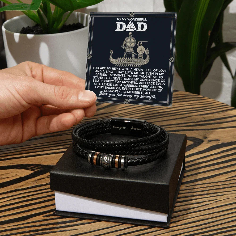 Dad - You are my Hero - Braided Vegan Leather Bracelet with Viking Heartfelt Message Card Birthday, Father's Day, Christmas Gift