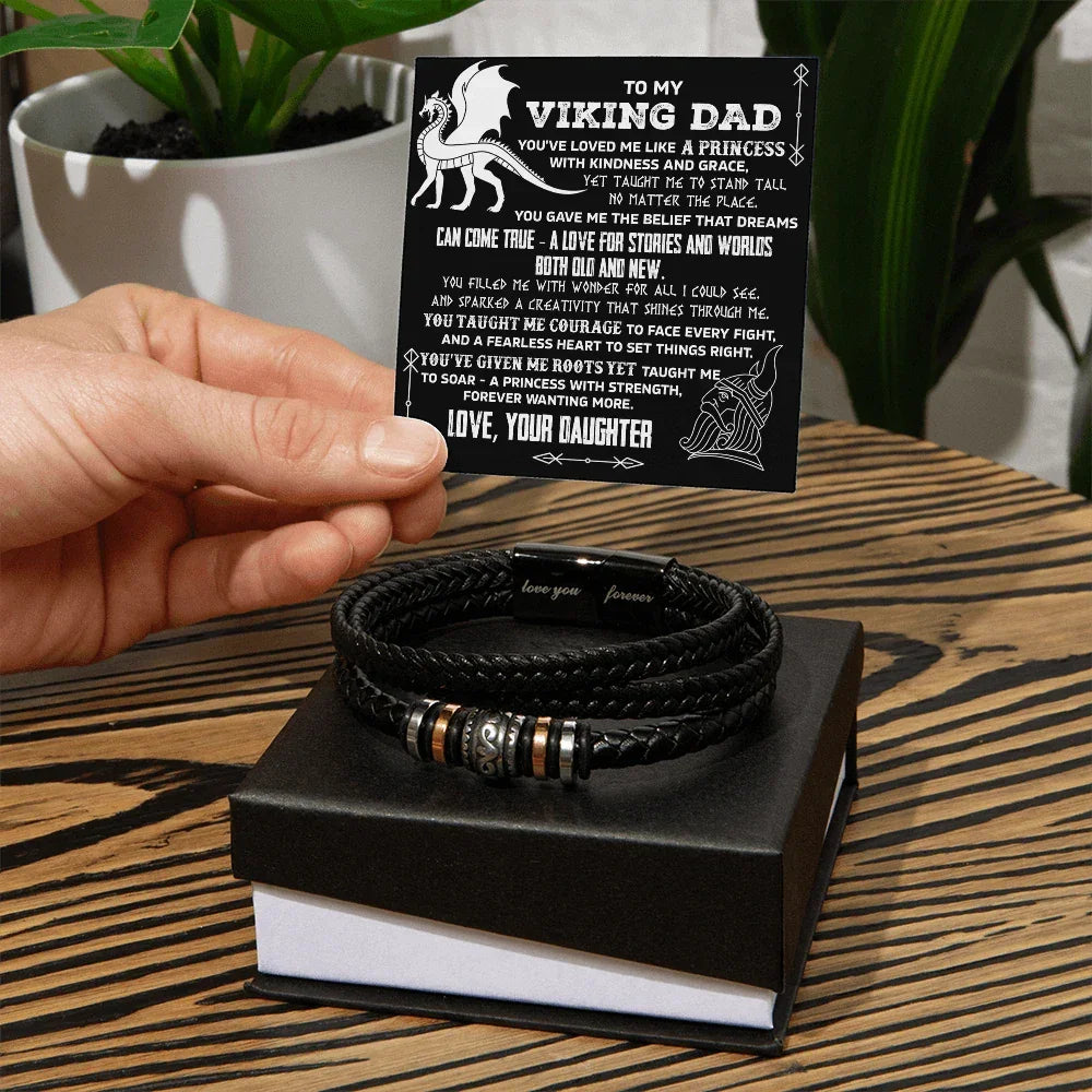 To My Viking Dad Vegan Leather Bracelet Birthday, Father's Day Gift from Daughter with Viking Dragon “Princess Strength” Message Card