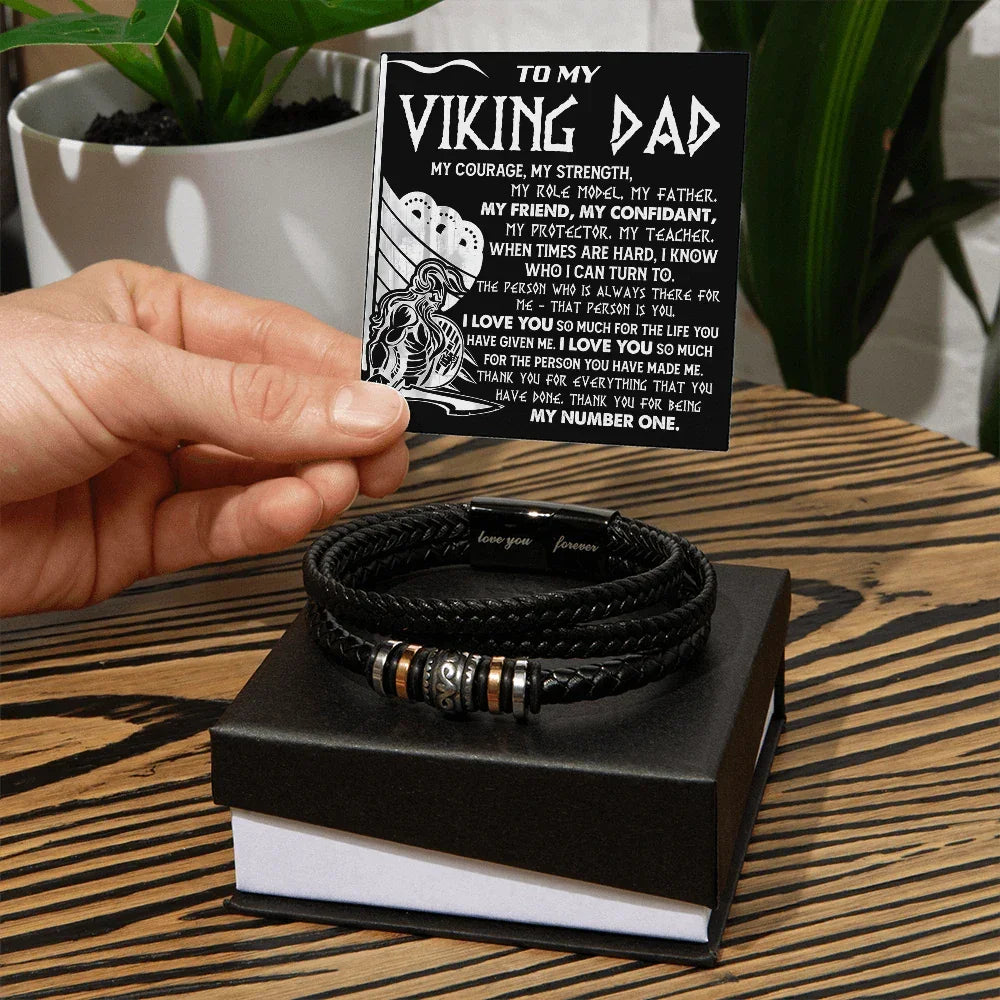 Viking Dad Father's Day, Birthday Gift - Men's Braided Vegan Leather Bracelet with Bold Viking Message Card