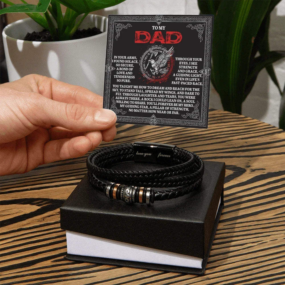To My Dad Father's Day Gift - Men's Vegan Leather Bracelet with Bold Viking-Inspired “Guiding Light” Message Card -- Meaningful Gift for Dad from Son or Daughter