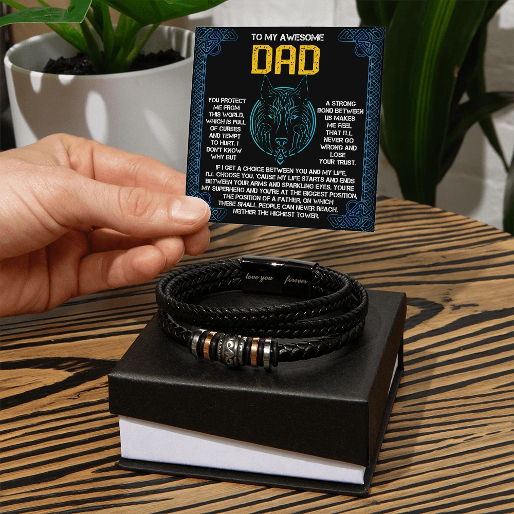 My Warrior Dad - Father's Day Gift for Dad - Men's Braided Vegan Leather Bracelet with Quiet Strength Warrior Message Card