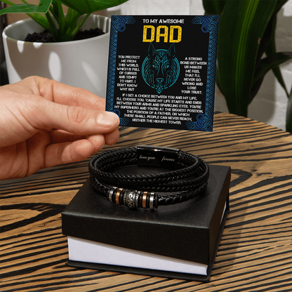 My Warrior Dad - Father's Day Gift for Dad - Men's Braided Vegan Leather Bracelet with Quiet Strength Warrior Message Card - Mallard Moon Gift Shop