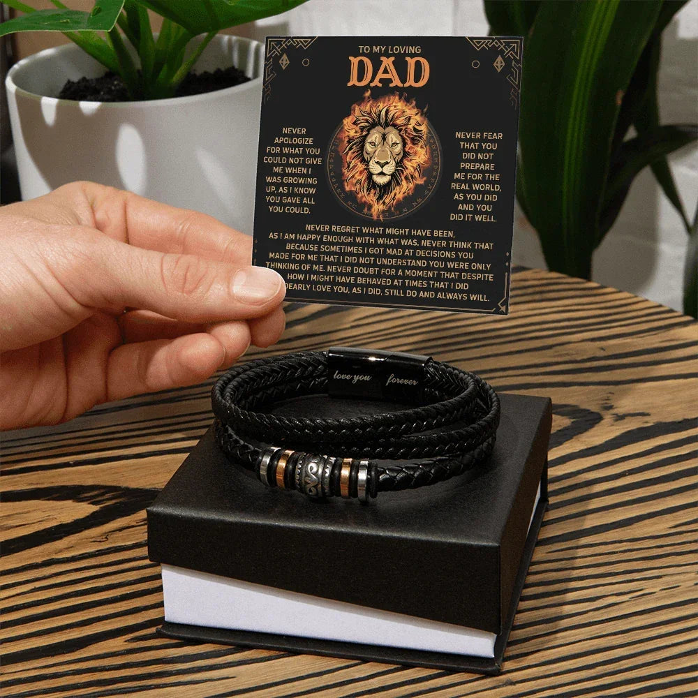 To My Loving Dad Leather Bracelet Gift – Unconditional Love and Appreciation Lion Message Card - Thoughtful Father's Day or Birthday Gift from Son or Daughter