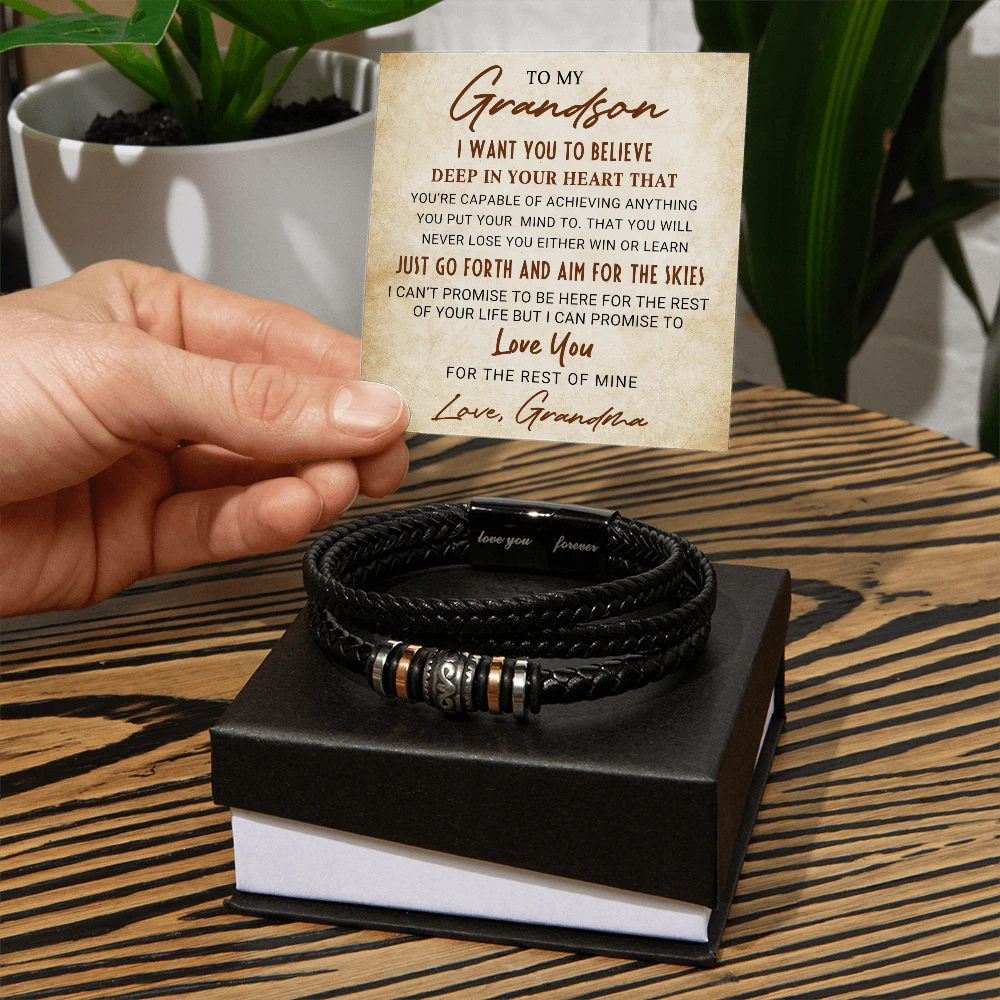 To My Grandson Bracelet – Inspirational Gift from Grandma | Love You Forever Message with Boxed Card for Birthday, Graduation, or Christmas