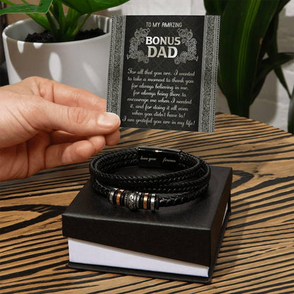 Gift for Bonus Dad I am Grateful You are in My Life Men's Braided Leather Bracelet - Mallard Moon Gift Shop