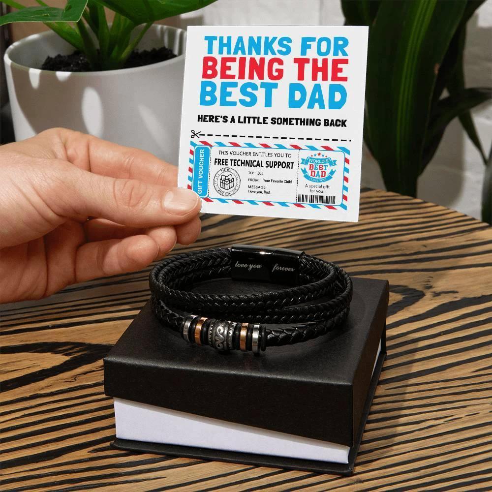 Funny Dad Gift Voucher Bracelet – Free Tech Support Token for the World’s Best Dad – Father’s Day Leather Bracelet Gift from Son or Daughter with Humorous Message Card