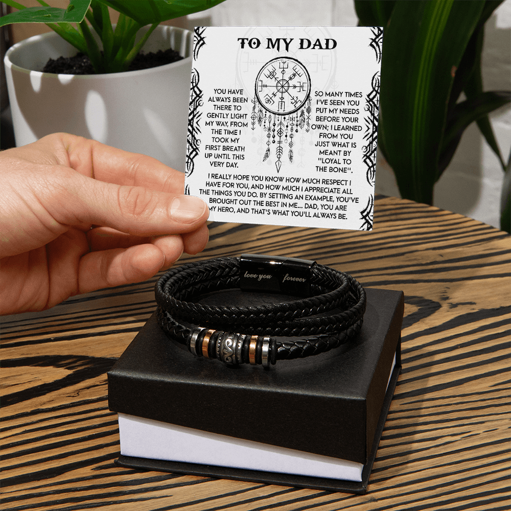 Loyal to the Bone Dad Bracelet – Viking-Inspired Gift for Father from Son or Daughter – Leather Bracelet with Sentimental Message Card - Mallard Moon Gift Shop