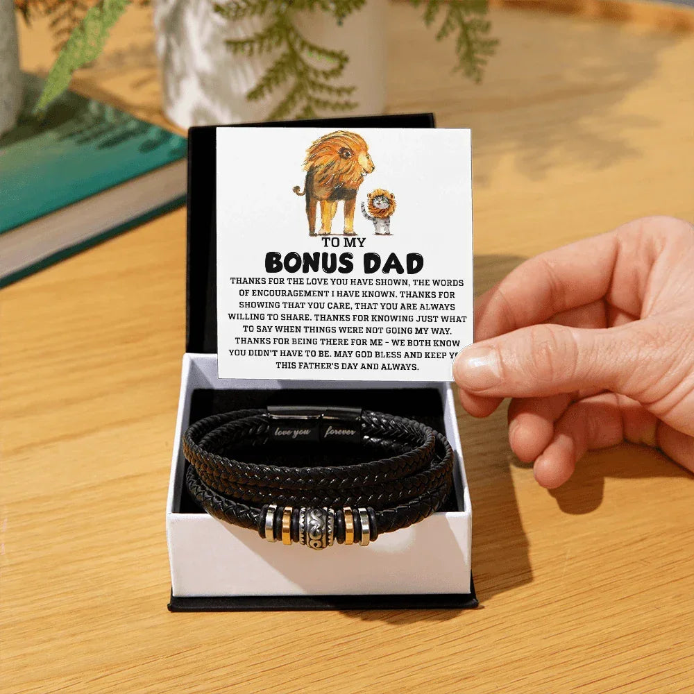 Bonus Dad Father's Day Gift - Men's Love You Forever Bracelet with Grateful Heart Message Card - Braided Vegan Leather Bracelet - Meaningful Stepdad Appreciation Gift