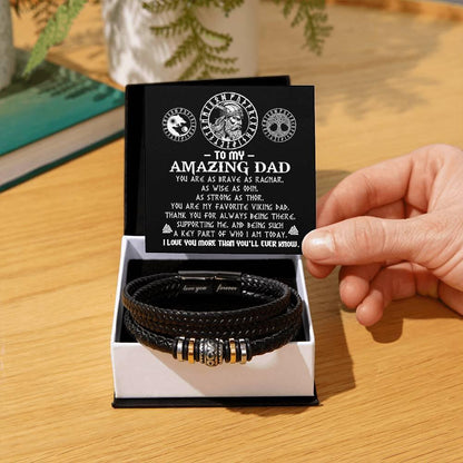 Gift for Dad - Viking Dad Brave as Ragnar Black Braided Leather Men's Bracelet - Mallard Moon Gift Shop