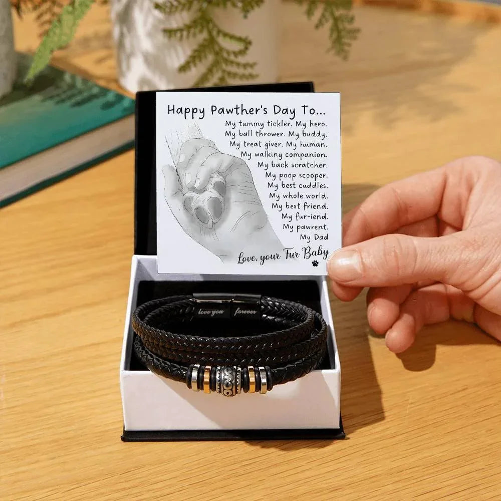 Gift for Fur Dad Happy Pawther's Day Personalized Black Braided Leather Men's Bracelet