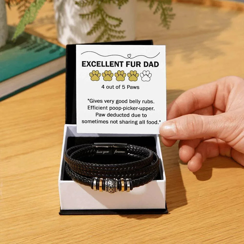 Gift for Fur Dad Belly Rubber Black Braided Leather Men's Bracelet