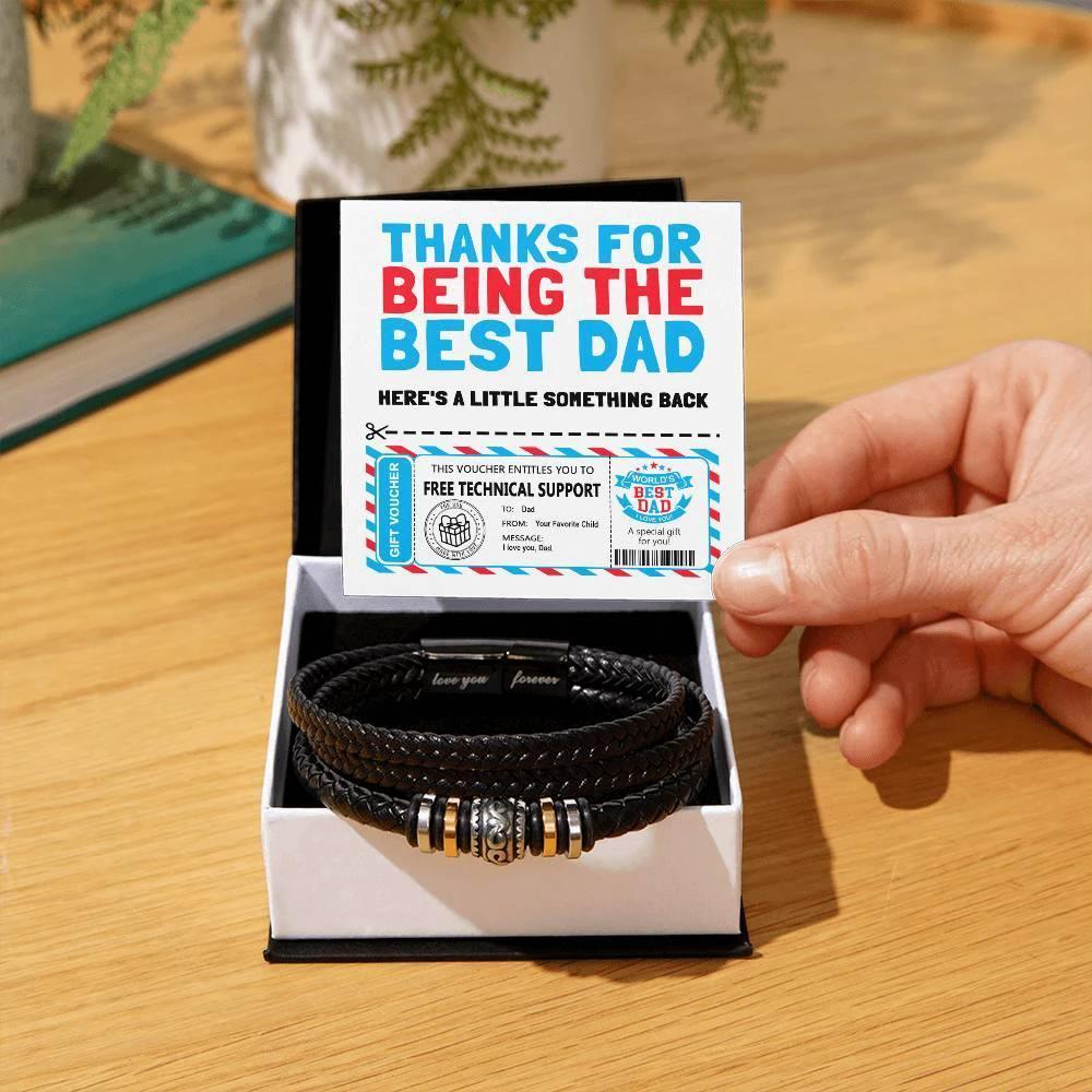 Funny Dad Gift Voucher Bracelet – Free Tech Support Token for the World’s Best Dad – Father’s Day Leather Bracelet Gift from Son or Daughter with Humorous Message Card