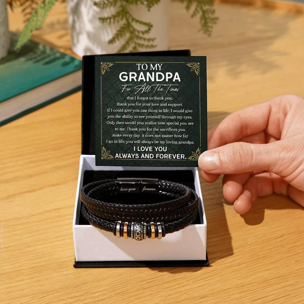 Grandpa Gift Thank You for Your Love and Support Black Braided Leather Men's Bracelet
