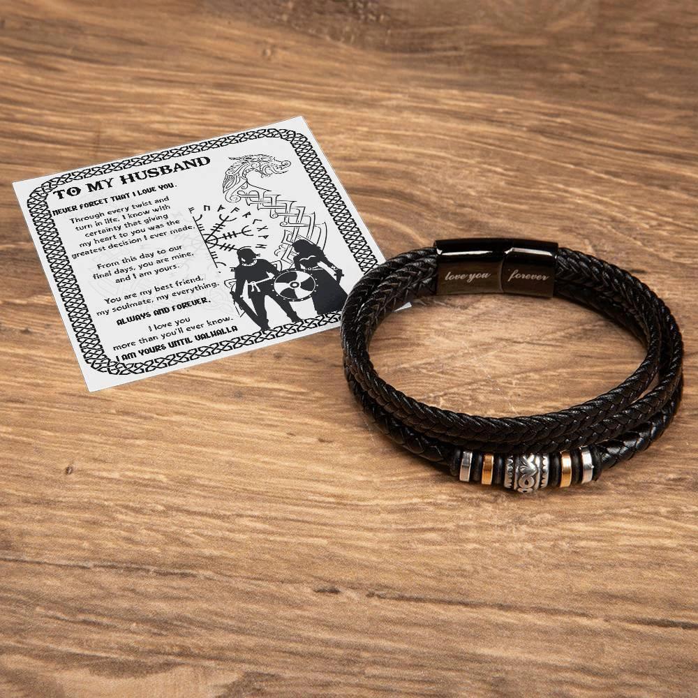 Husband Gift - I am Yours Until Valhalla Men's Braided Leather Bracelet
