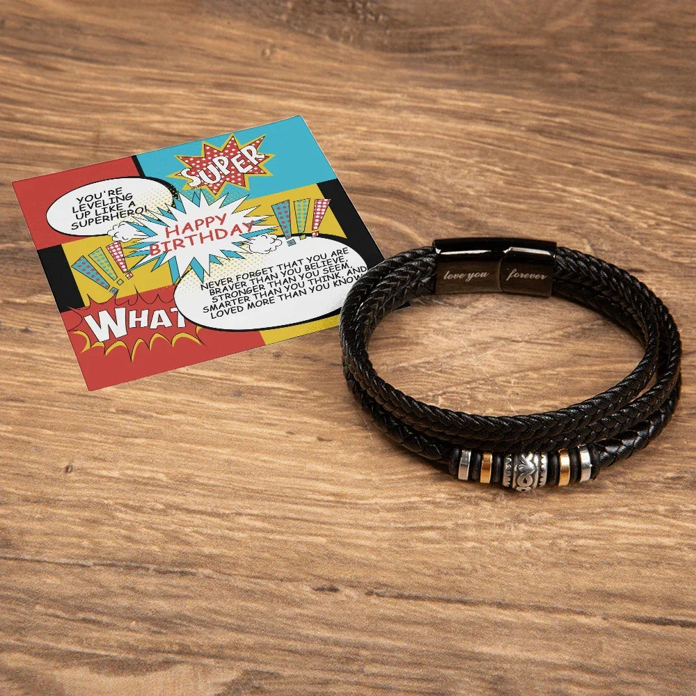 Superhero Birthday Bracelet for Him – “Love You Forever” Engraved Men's Gift | Comic Card Style for Son, Husband, or Boyfriend