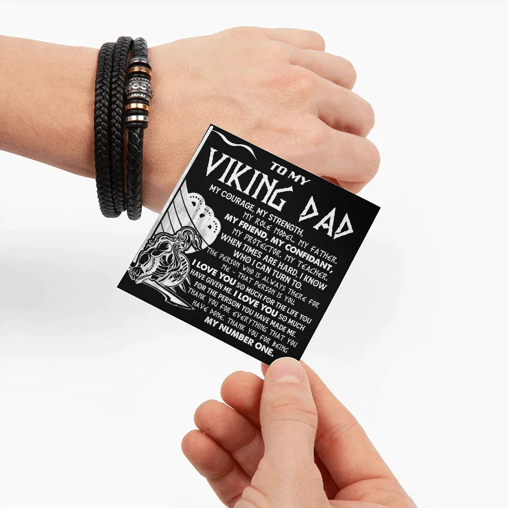 Viking Dad Father's Day, Birthday Gift - Men's Braided Vegan Leather Bracelet with Bold Viking Message Card