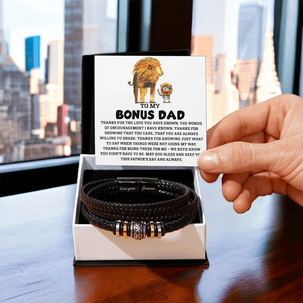 Bonus Dad Father's Day Gift - Men's Love You Forever Bracelet with Grateful Heart Message Card - Braided Vegan Leather Bracelet - Meaningful Stepdad Appreciation Gift
