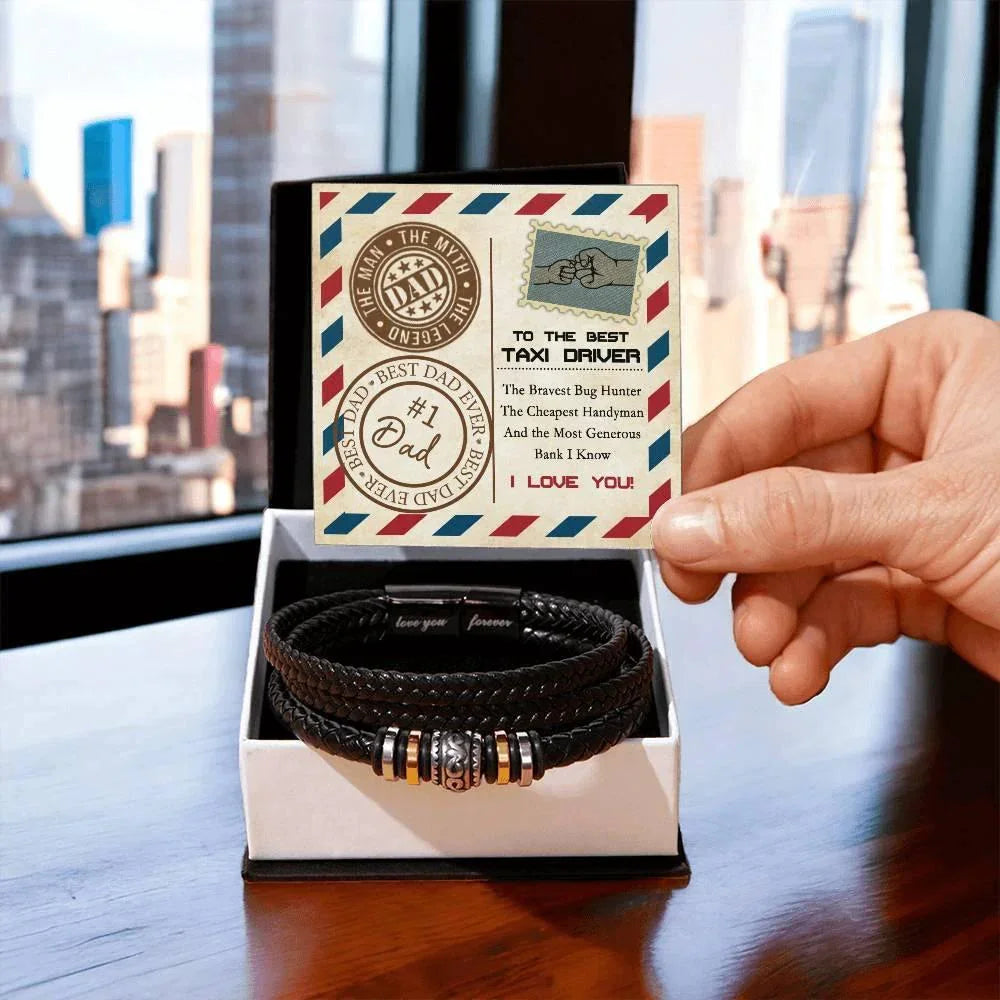 To the Best Taxi Driver – Funny Father’s Day Leather Bracelet Gift for Dad – From the Bravest Bug Hunter to the Most Generous Bank I Know – Black Braided Engraved Dad Bracelet with Gift Box