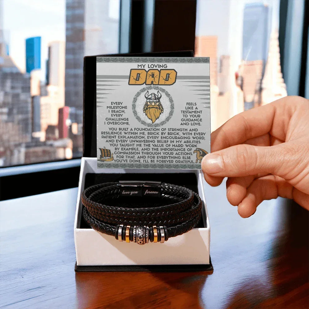 My Loving Dad Birthday, Father's Day Gift - Men's Vegan Leather Bracelet with Viking-Inspired “Foundation Builder” Message Card