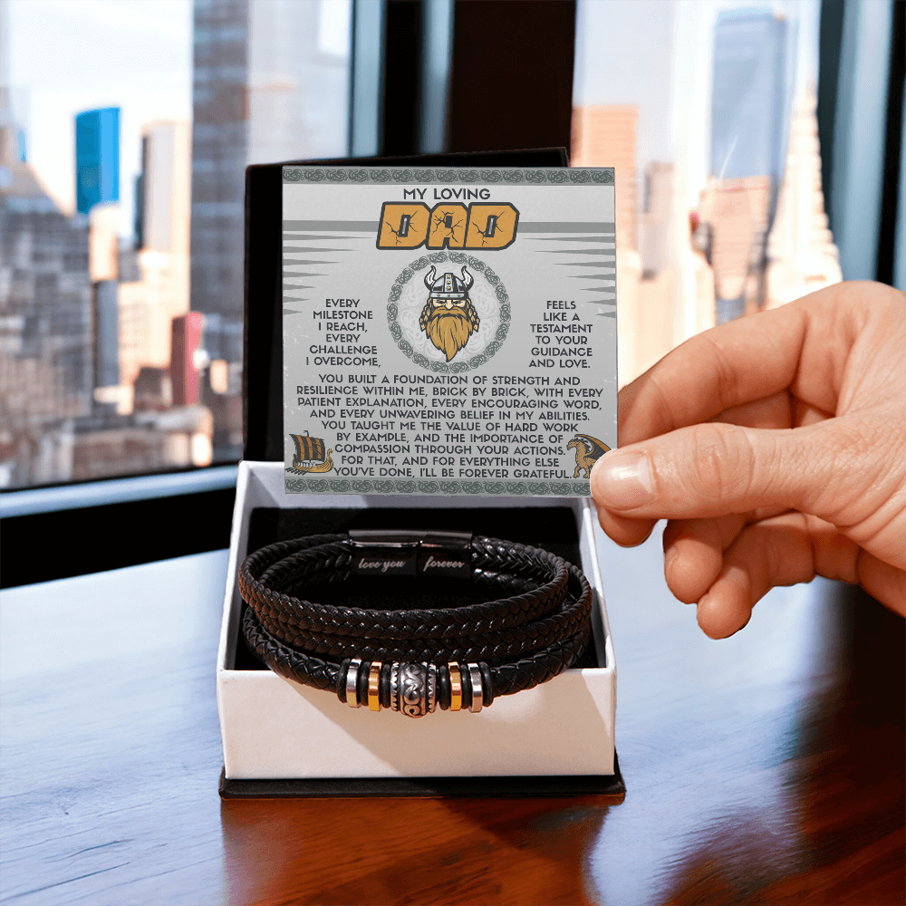 My Loving Dad Birthday, Father's Day Gift - Men's Vegan Leather Bracelet with Viking-Inspired “Foundation Builder” Message Card - Mallard Moon Gift Shop