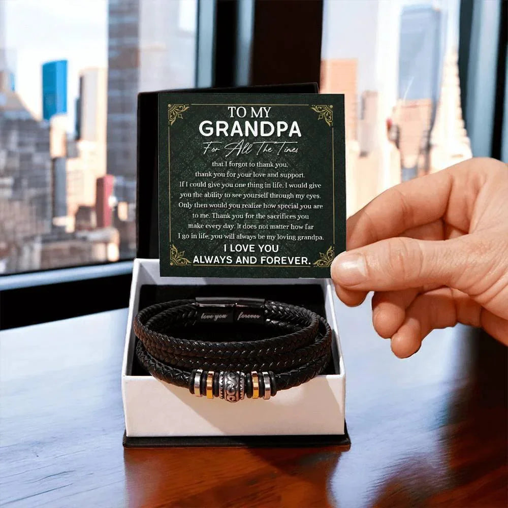 Grandpa Gift Thank You for Your Love and Support Black Braided Leather Men's Bracelet