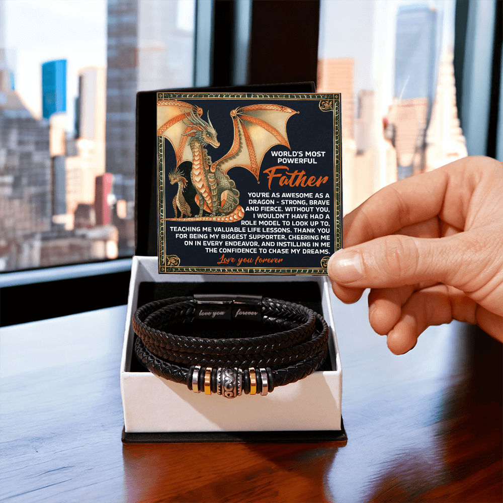 World's Most Powerful Father Gift - Men's Vegan Leather Bracelet with Majestic Dragon Strength Message Card - Unique Gift for Dad from Son or Daughter - Mallard Moon Gift Shop