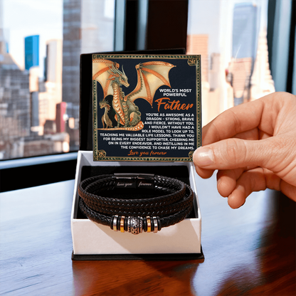 World's Most Powerful Father Gift - Men's Vegan Leather Bracelet with Majestic Dragon Strength Message Card - Unique Gift for Dad from Son or Daughter - Mallard Moon Gift Shop