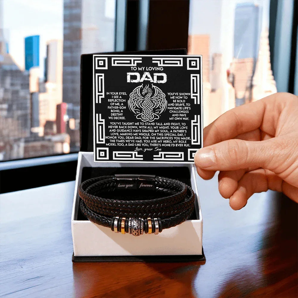 Dad Father's Day Gift from Son - Men's “Love You Forever” Bracelet with Celtic Dragon Message Card - Vegan Leather Beaded Bracelet