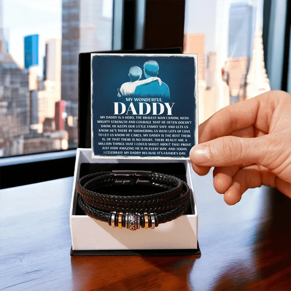 My Wonderful Daddy - Men's Vegan Leather Bracelet with Message Card - Meaningful Gift for Dad from Son or Daughter
