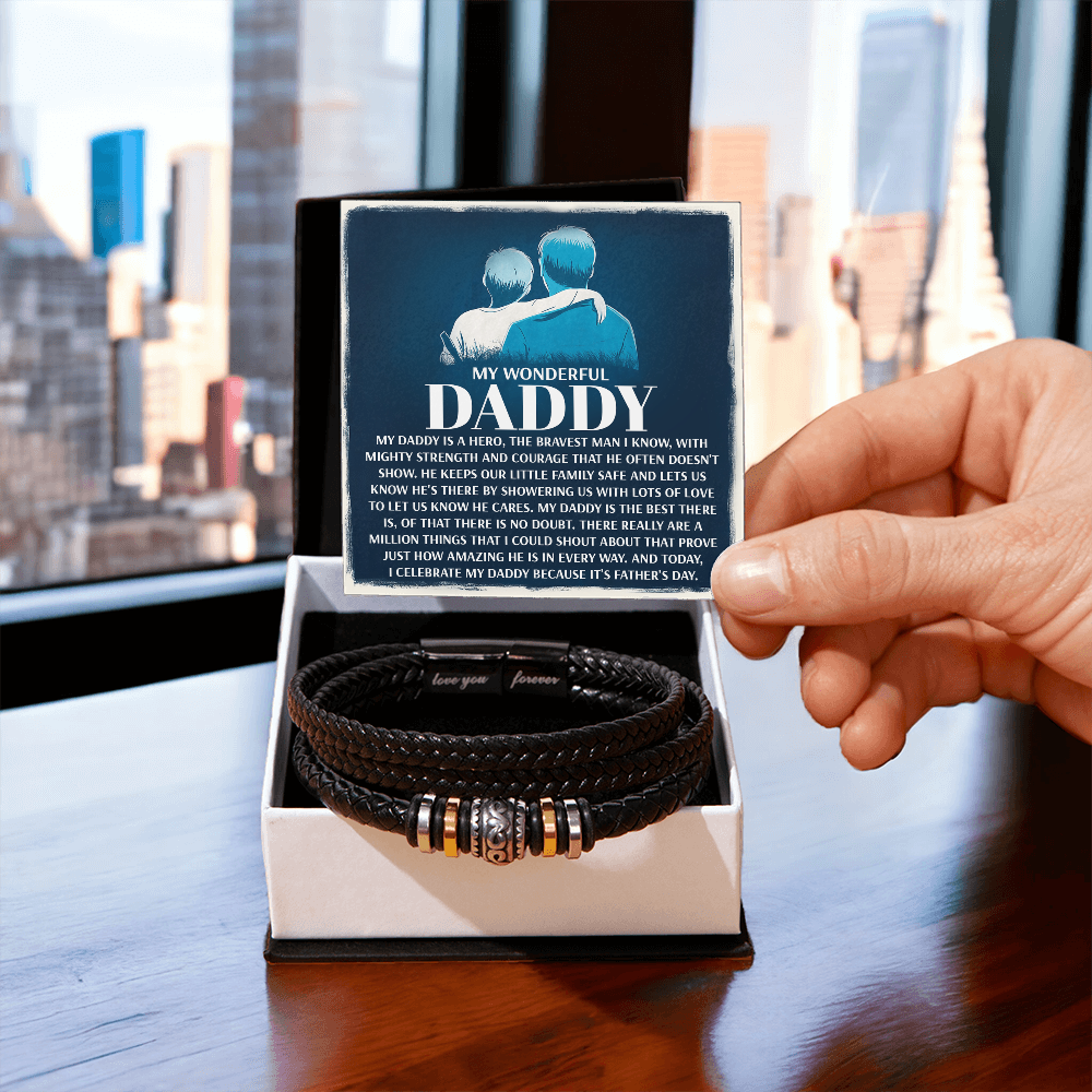 My Wonderful Daddy - Men's Vegan Leather Bracelet with Message Card - Meaningful Gift for Dad from Son or Daughter - Mallard Moon Gift Shop