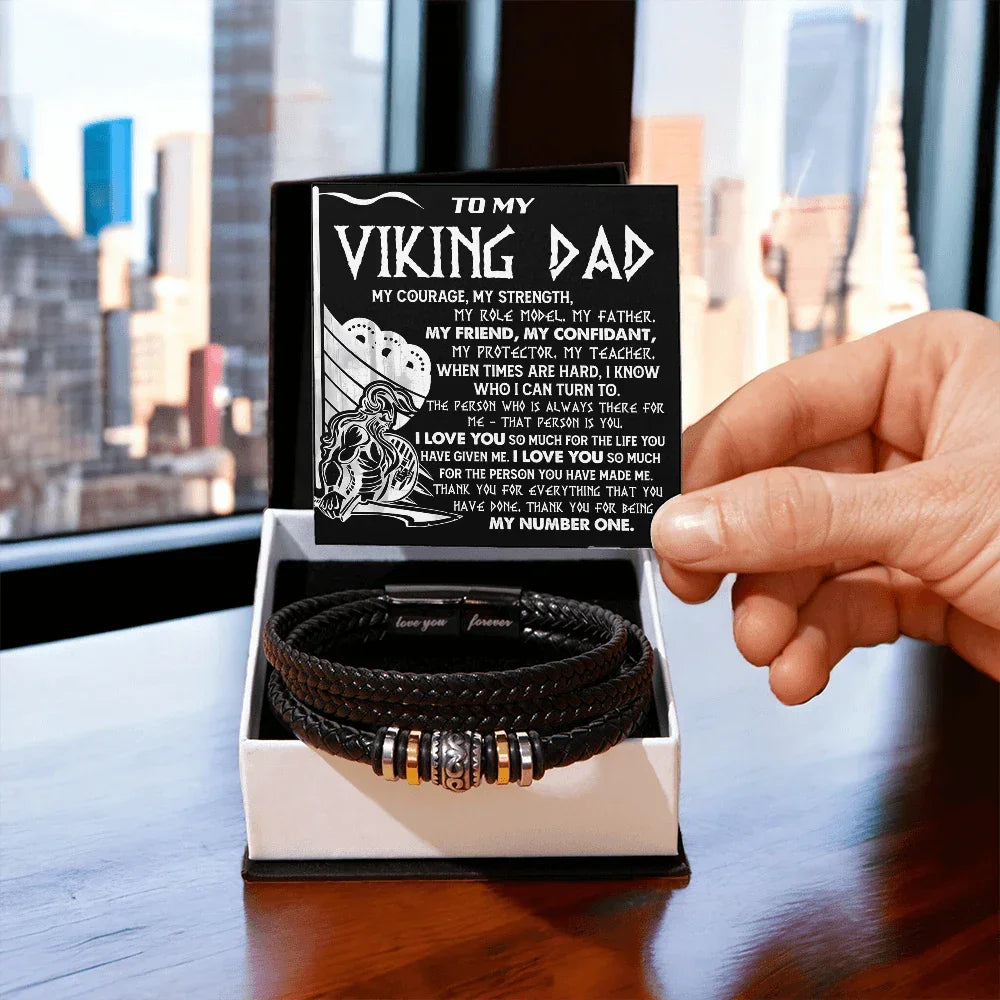 Viking Dad Father's Day, Birthday Gift - Men's Braided Vegan Leather Bracelet with Bold Viking Message Card