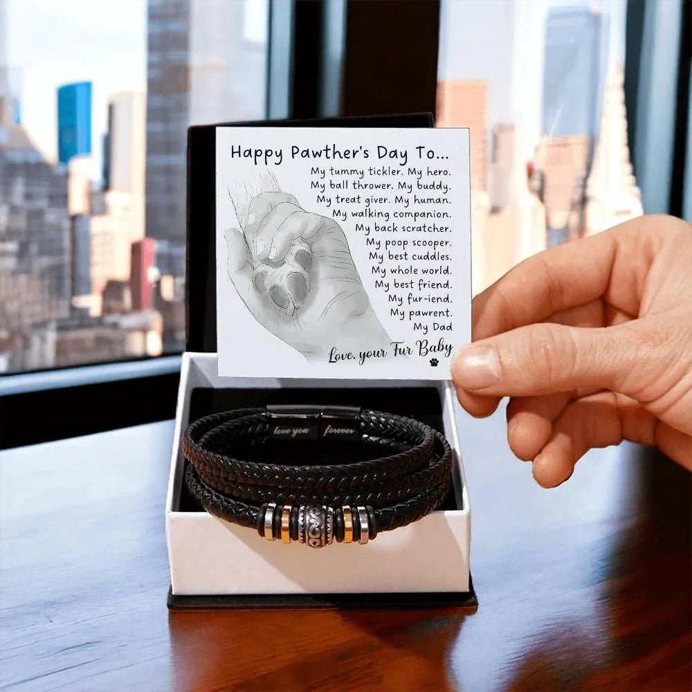 Gift for Fur Dad Happy Pawther's Day Personalized Black Braided Leather Men's Bracelet