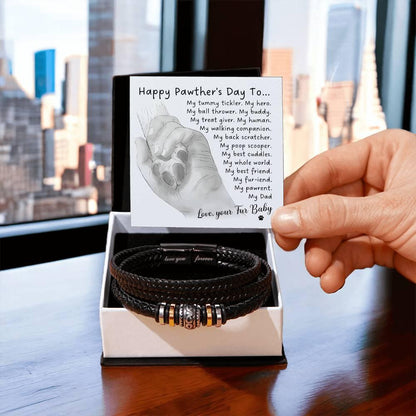 Gift for Fur Dad Happy Pawther's Day Personalized Black Braided Leather Men's Bracelet - Mallard Moon Gift Shop
