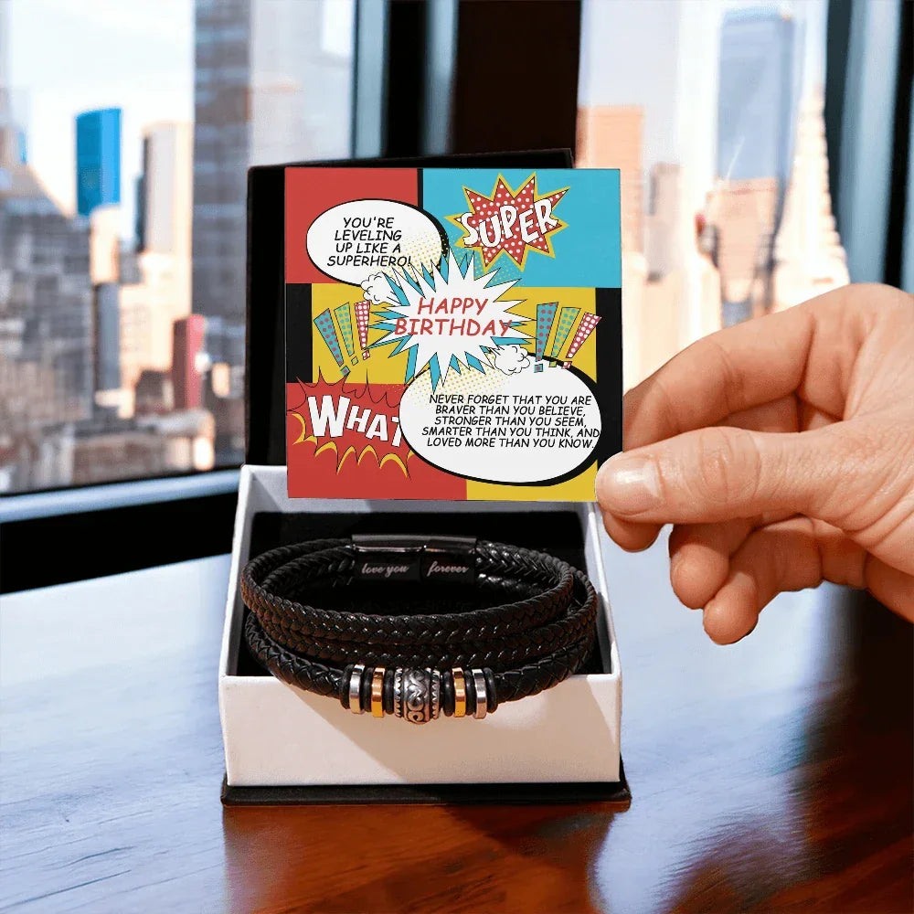Superhero Birthday Bracelet for Him – “Love You Forever” Engraved Men's Gift | Comic Card Style for Son, Husband, or Boyfriend