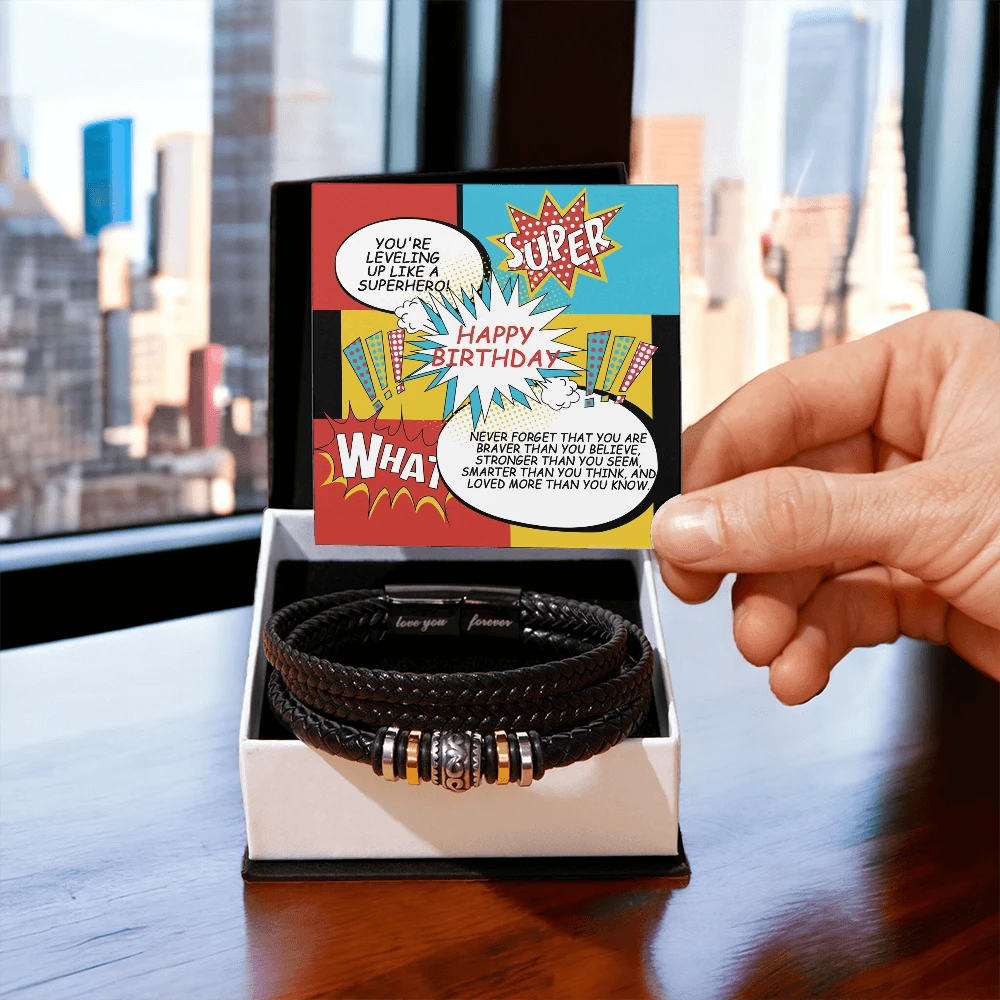 Superhero Birthday Bracelet for Him – “Love You Forever” Engraved Men's Gift | Comic Card Style for Son, Husband, or Boyfriend