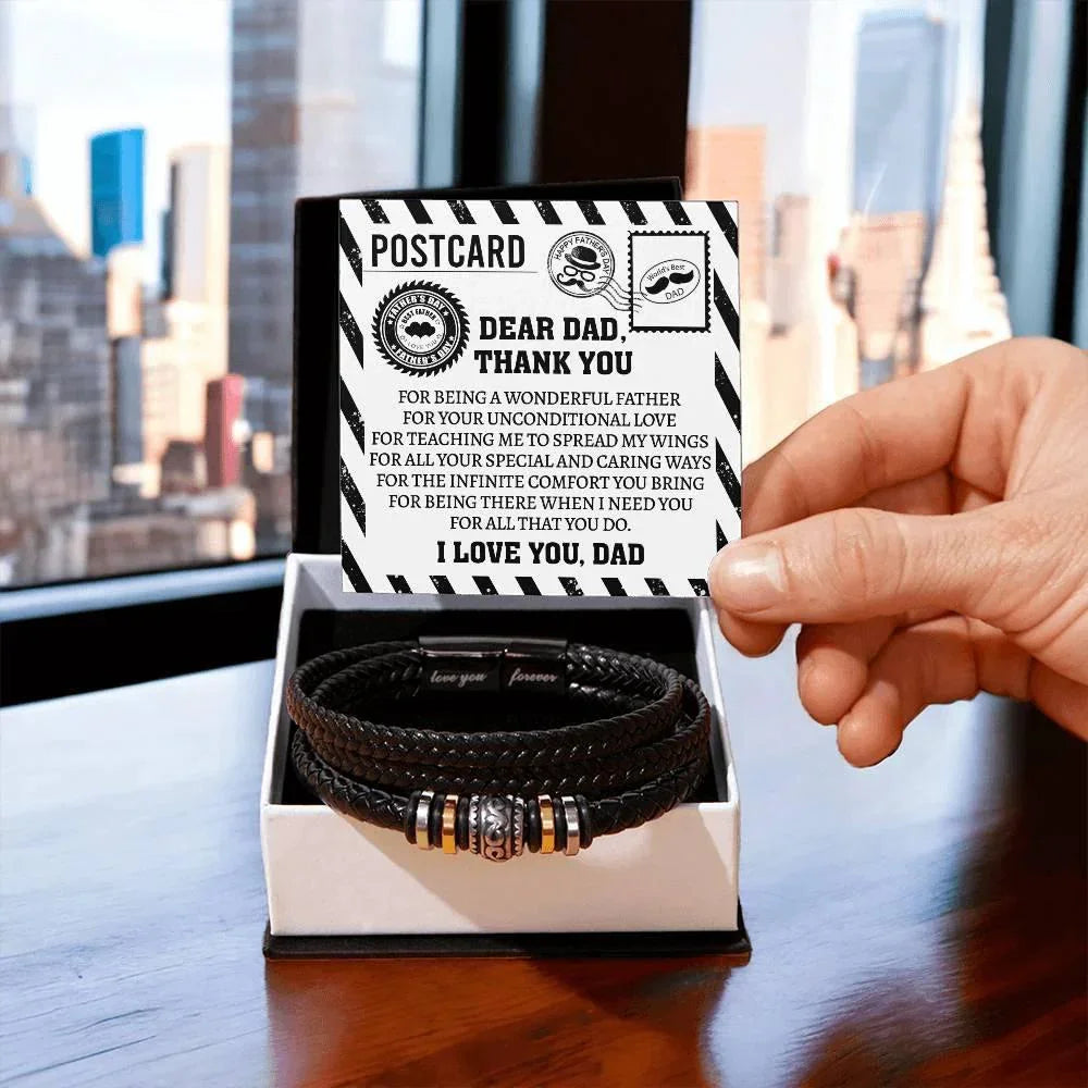 Dad Postcard Gift-Thank You for Teaching Me to Spread My Wings -Braided Leather Men's Bracelet