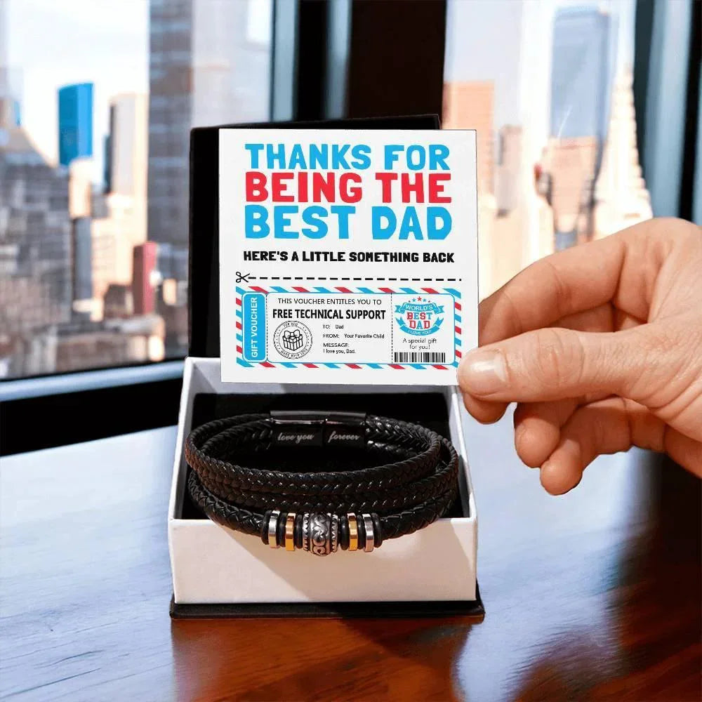 Funny Dad Gift Voucher Bracelet – Free Tech Support Token for the World’s Best Dad – Father’s Day Leather Bracelet Gift from Son or Daughter with Humorous Message Card