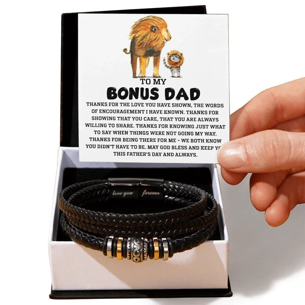 Bonus Dad Father's Day Gift - Men's Love You Forever Bracelet with Grateful Heart Message Card - Braided Vegan Leather Bracelet - Meaningful Stepdad Appreciation Gift