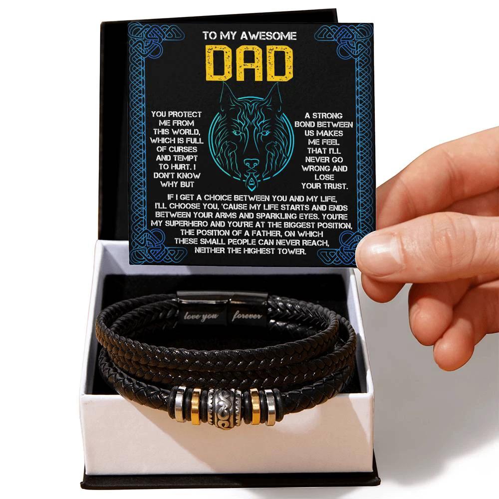 My Warrior Dad - Father's Day Gift for Dad - Men's Braided Vegan Leather Bracelet with Quiet Strength Warrior Message Card