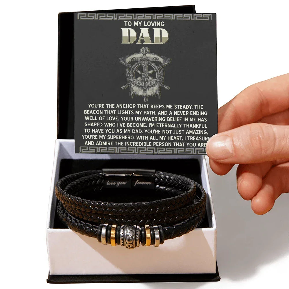 To My Loving Dad- Viking Anchor Braided Leather Bracelet with Inspirational Card - Father's Day, Birthday, or Christmas Gift for Dad from Son or Daughter