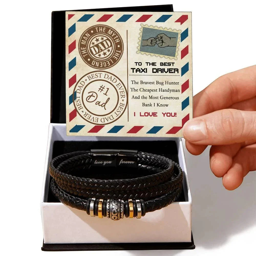 To the Best Taxi Driver – Funny Father’s Day Leather Bracelet Gift for Dad – From the Bravest Bug Hunter to the Most Generous Bank I Know – Black Braided Engraved Dad Bracelet with Gift Box