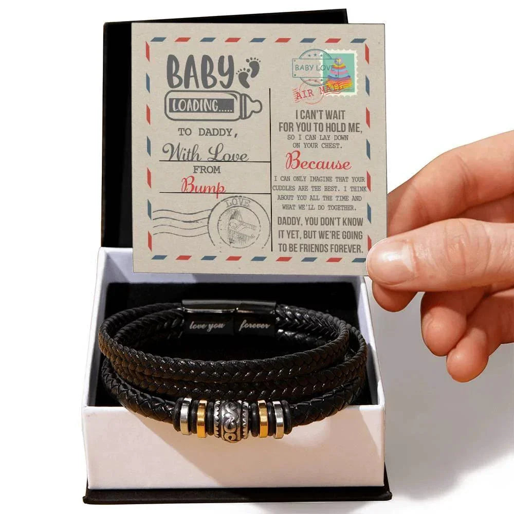 Gift for New Dad - Baby Loading Daddy Can't Wait to Lay Down On Your Chest, Love The Bump -Braided Leather Men's Bracelet