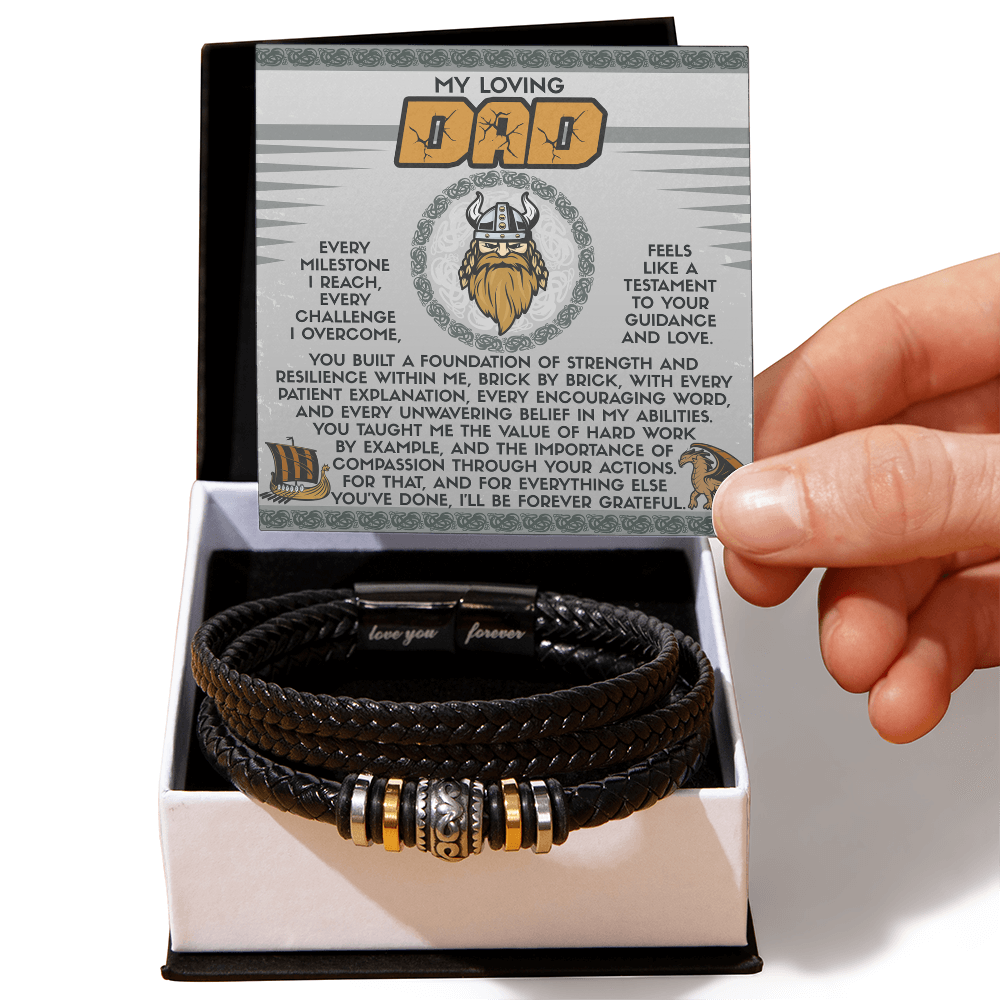 My Loving Dad Birthday, Father's Day Gift - Men's Vegan Leather Bracelet with Viking-Inspired “Foundation Builder” Message Card - Mallard Moon Gift Shop