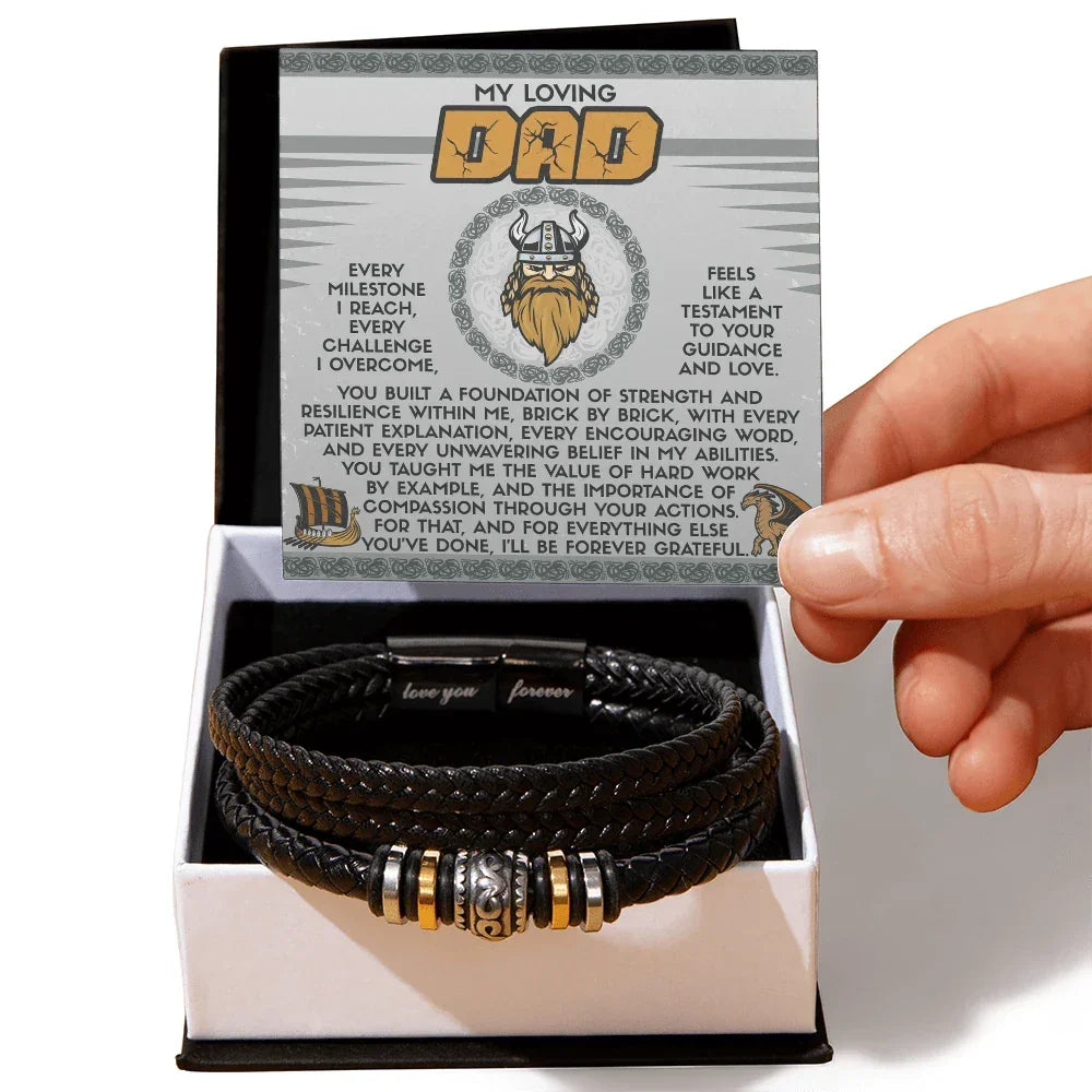 My Loving Dad Birthday, Father's Day Gift - Men's Vegan Leather Bracelet with Viking-Inspired “Foundation Builder” Message Card