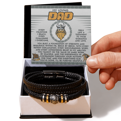 My Loving Dad Birthday, Father's Day Gift - Men's Vegan Leather Bracelet with Viking-Inspired “Foundation Builder” Message Card - Mallard Moon Gift Shop