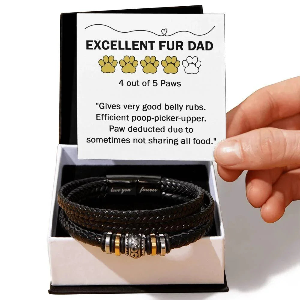 Gift for Fur Dad Belly Rubber Black Braided Leather Men's Bracelet