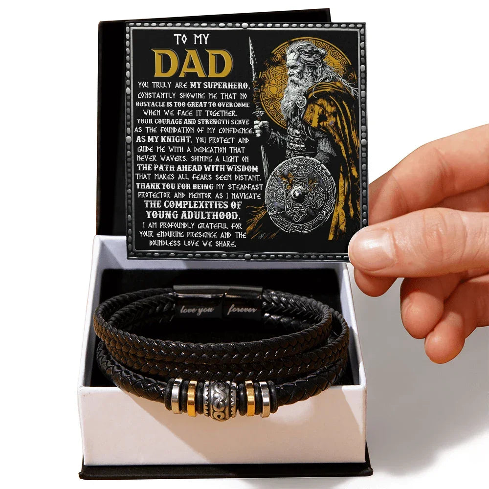To My Dad Braided Leather Bracelet with Superhero Knight Viking Dad Message Card - Thoughtful Father's Day, Birthday Gift from Son or Daughter for Strong and Courageous Fathers