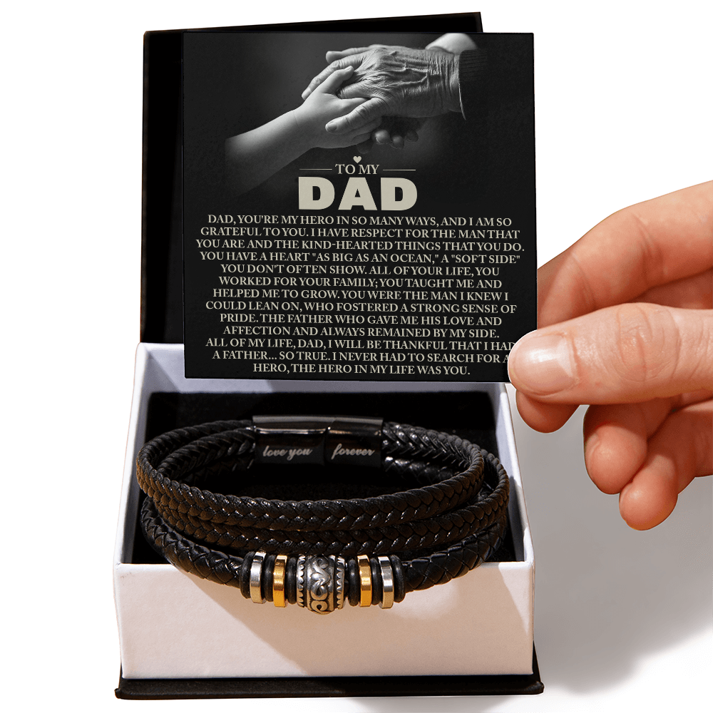 To My Dad Vegan Leather Bracelet Birthday, Father's Day Gift with Heartfelt “Hero in My Life” Message Card - Mallard Moon Gift Shop
