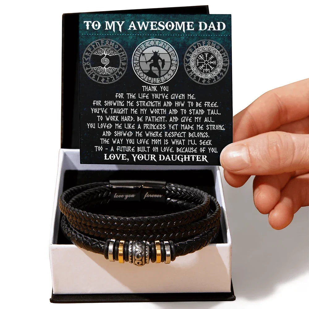 To My Awesome Dad Viking Strong Princess Braided Leather Bracelet Gift from Daughter - Norse Rune Strength & Love Message Gift for Father's Day Birthday or Christmas