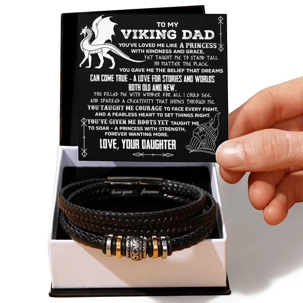 To My Viking Dad Vegan Leather Bracelet Birthday, Father's Day Gift from Daughter with Viking Dragon “Princess Strength” Message Card